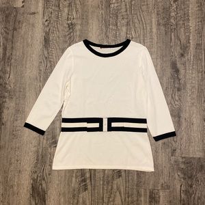 Carolina Herrera CH/HC White Quarter Sleeve Contrast Black Trim Blouse Logo L